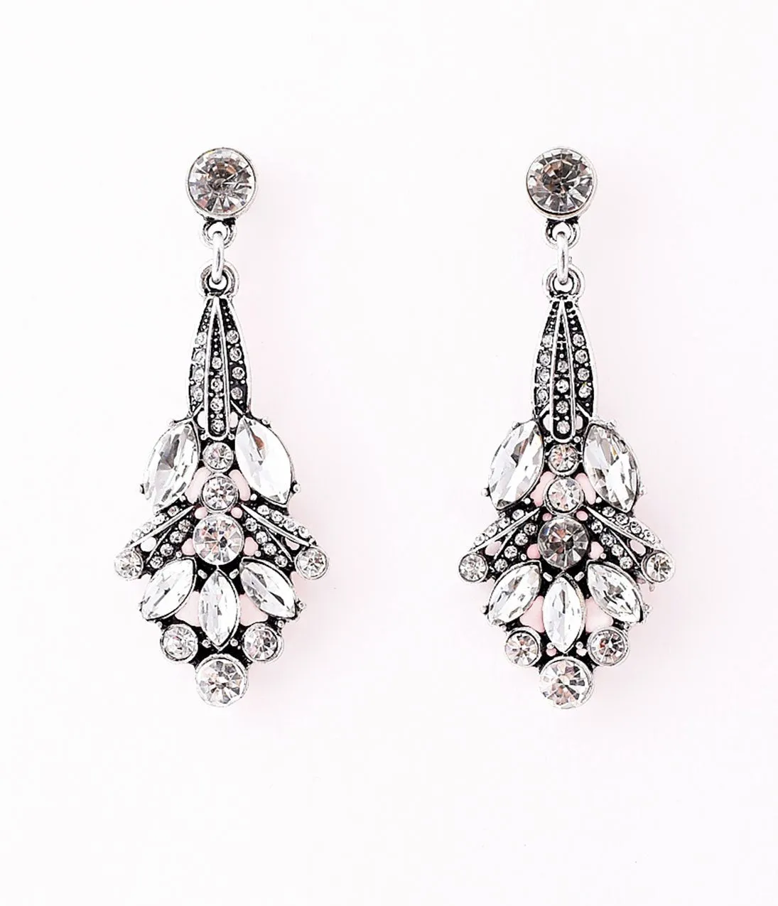 1920s Style Silver Rhinestone Nouveau Flower Drop Earrings