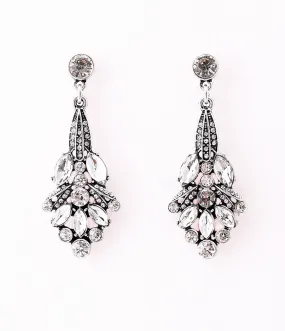 1920s Style Silver Rhinestone Nouveau Flower Drop Earrings