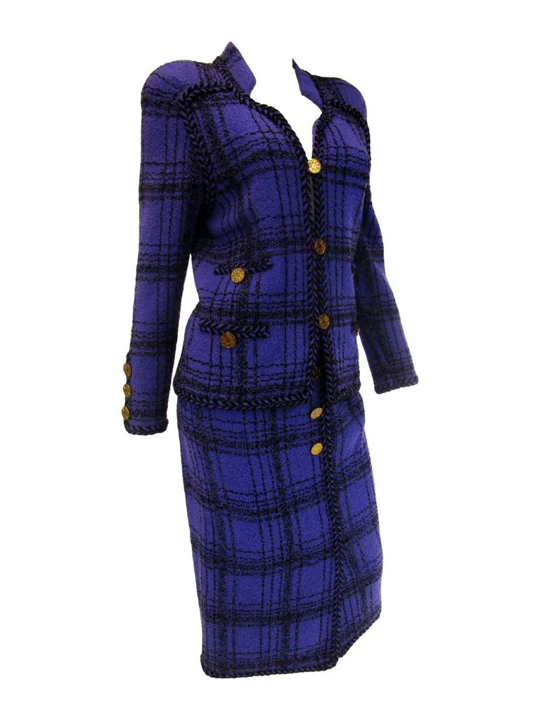 1970s Adolfo Purple and Black Wool Knit Plaid Skirt Suit