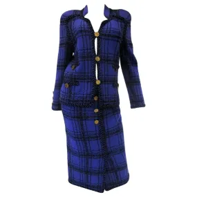 1970s Adolfo Purple and Black Wool Knit Plaid Skirt Suit