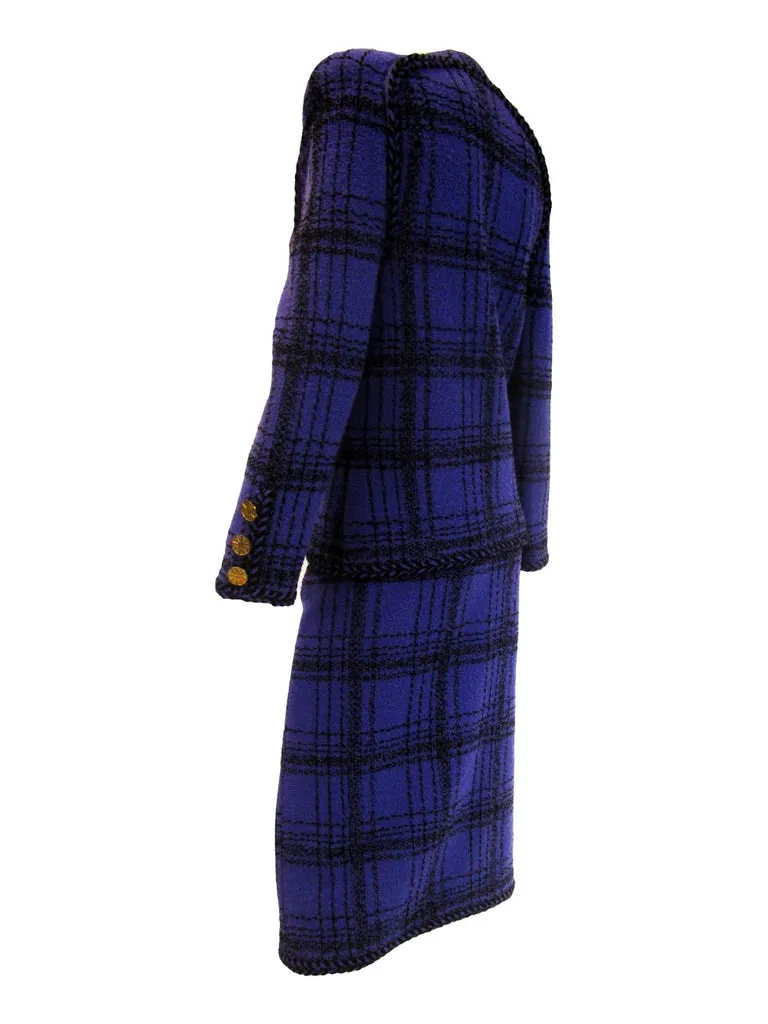 1970s Adolfo Purple and Black Wool Knit Plaid Skirt Suit