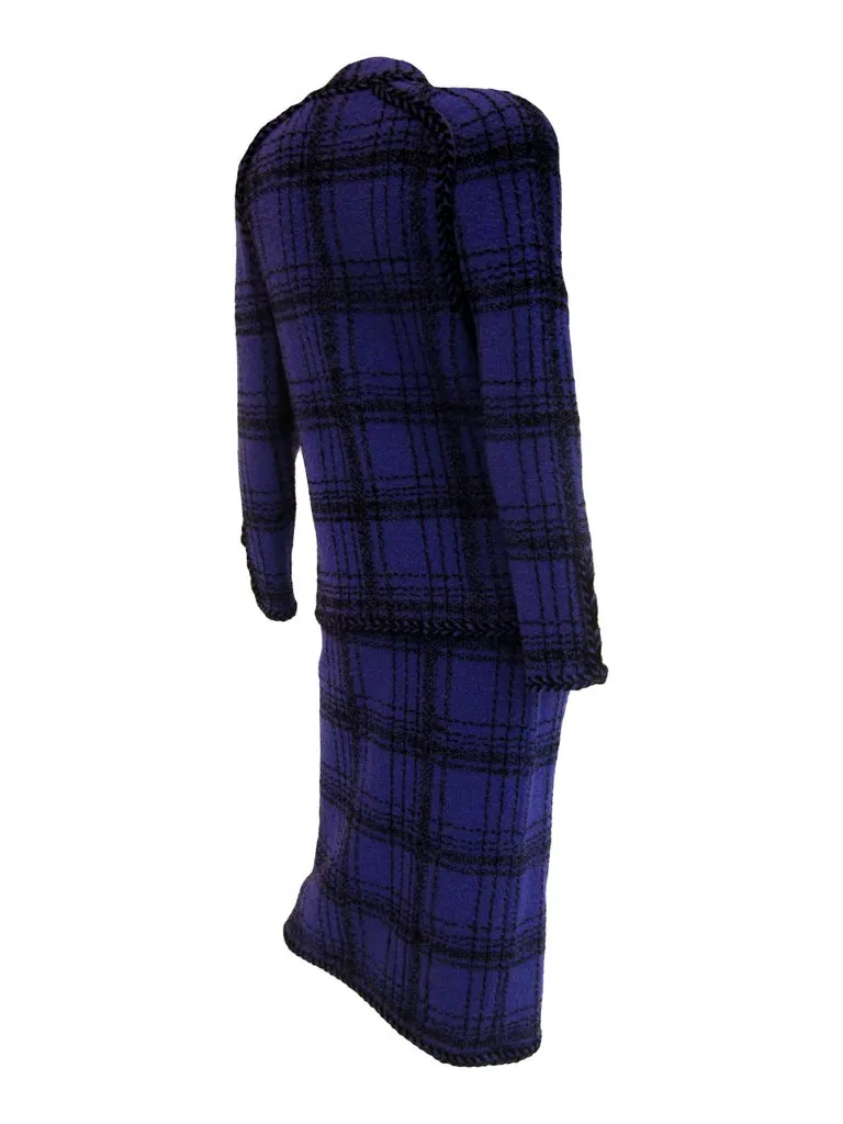 1970s Adolfo Purple and Black Wool Knit Plaid Skirt Suit