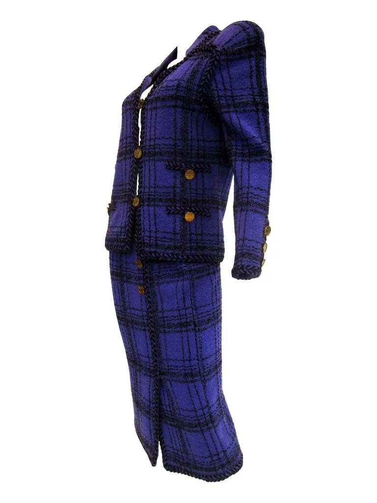 1970s Adolfo Purple and Black Wool Knit Plaid Skirt Suit