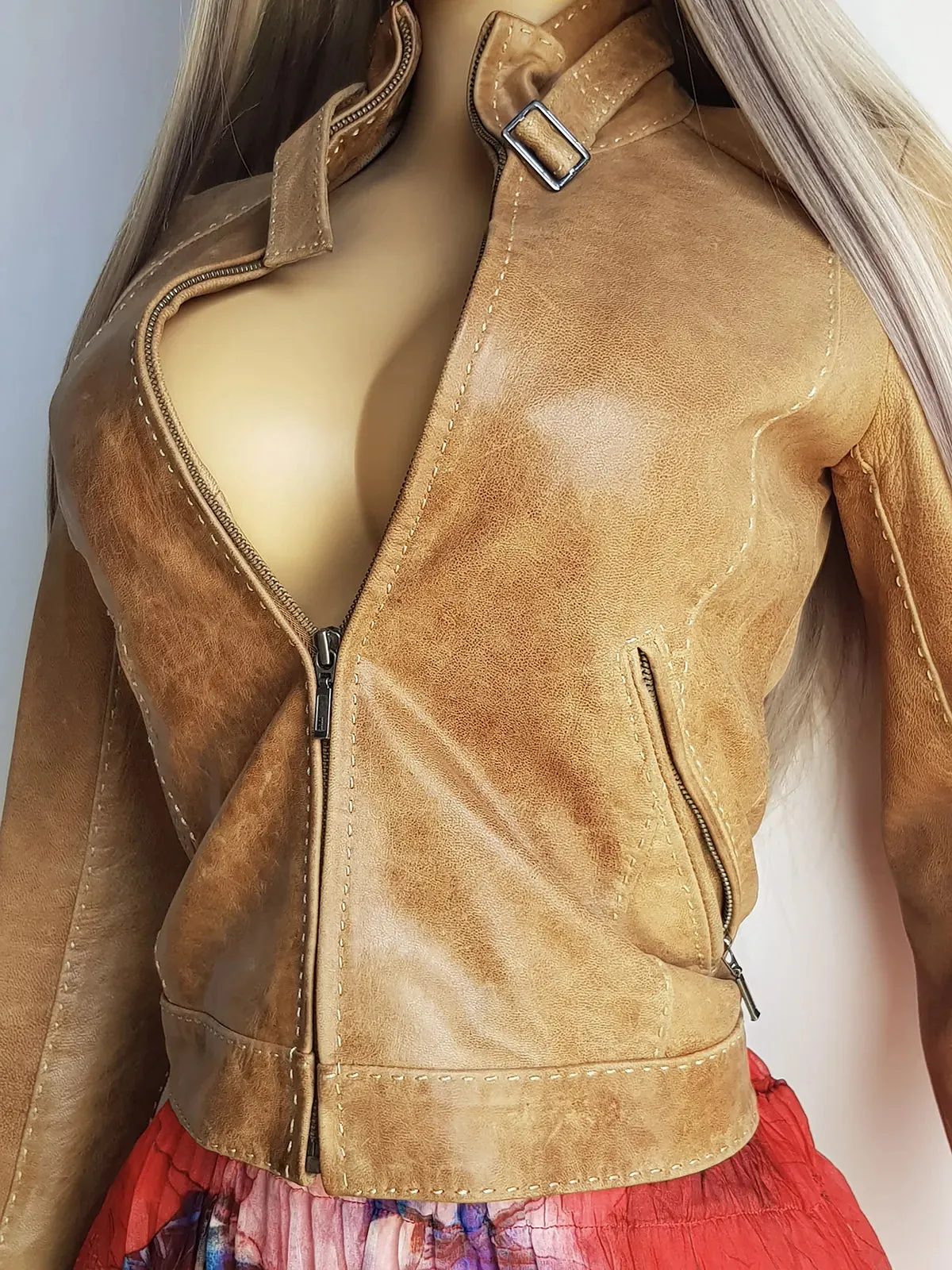 90s Genuine 100% Leather Motorcycle Jacket - Rich Tan Brown & Feature Stitching