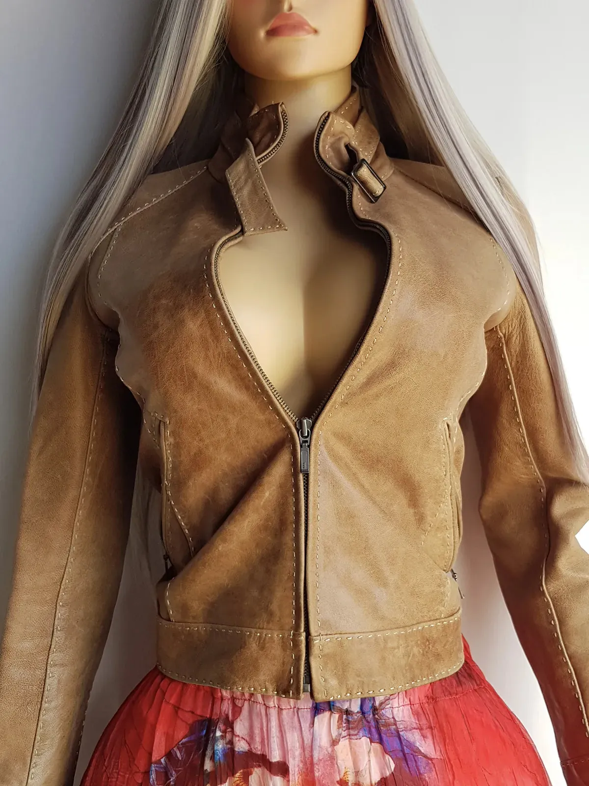 90s Genuine 100% Leather Motorcycle Jacket - Rich Tan Brown & Feature Stitching