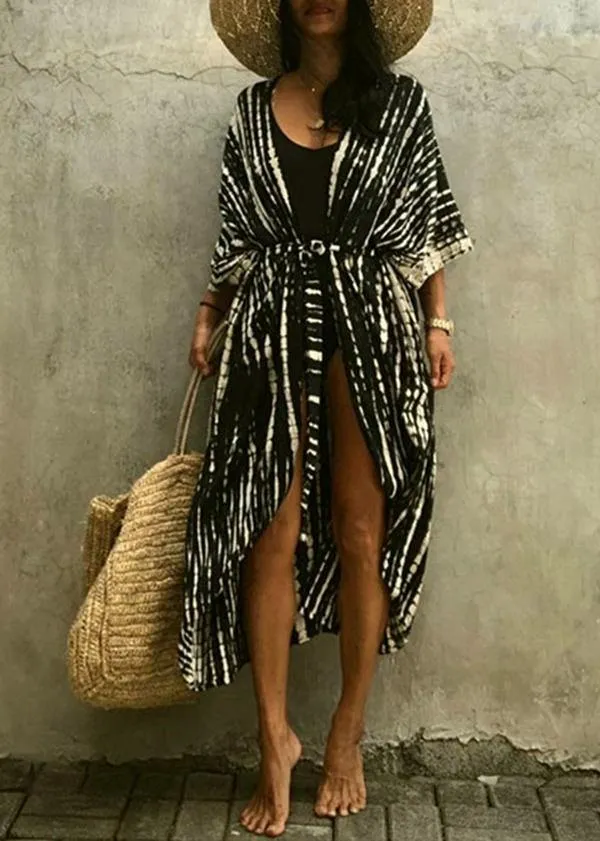 Chic Black White Print tie waist kimono robe Cotton Loose Coat Long