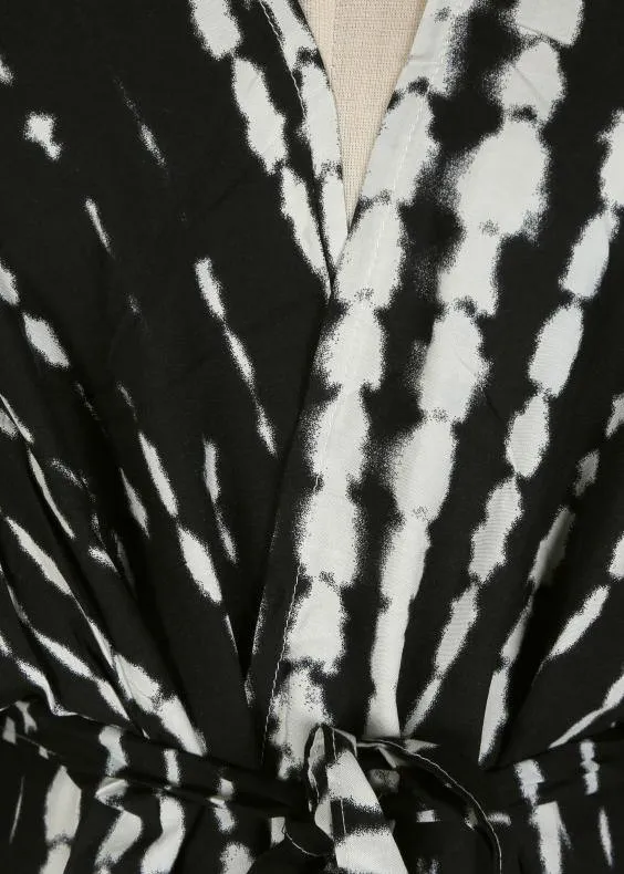 Chic Black White Print tie waist kimono robe Cotton Loose Coat Long