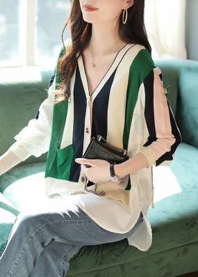 Chic Colorblock V Neck Patchwork Striped Knit Cardigans Spring