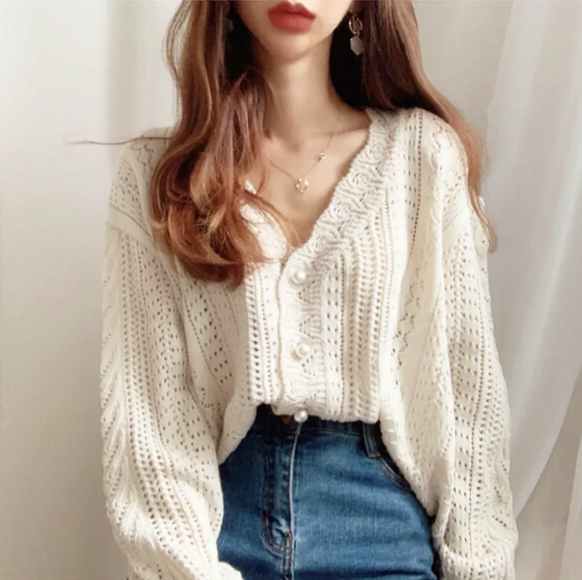 Chic V-neck Crochet Lace Hollow out Knit Cardigan Sweater    S2790