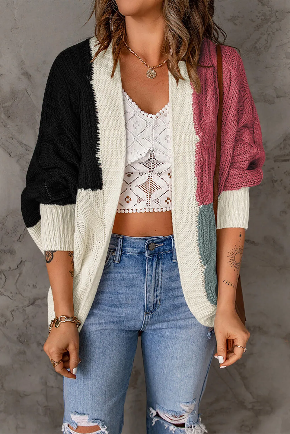 Color Block Cable-Knit Batwing Sleeve Cardigan