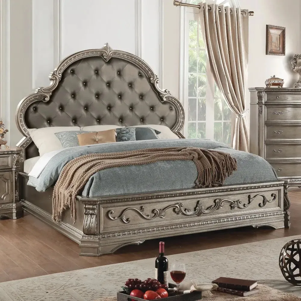 Colten King Bed w/Button Tufted Headboard, Faux Leather & Antique Silver