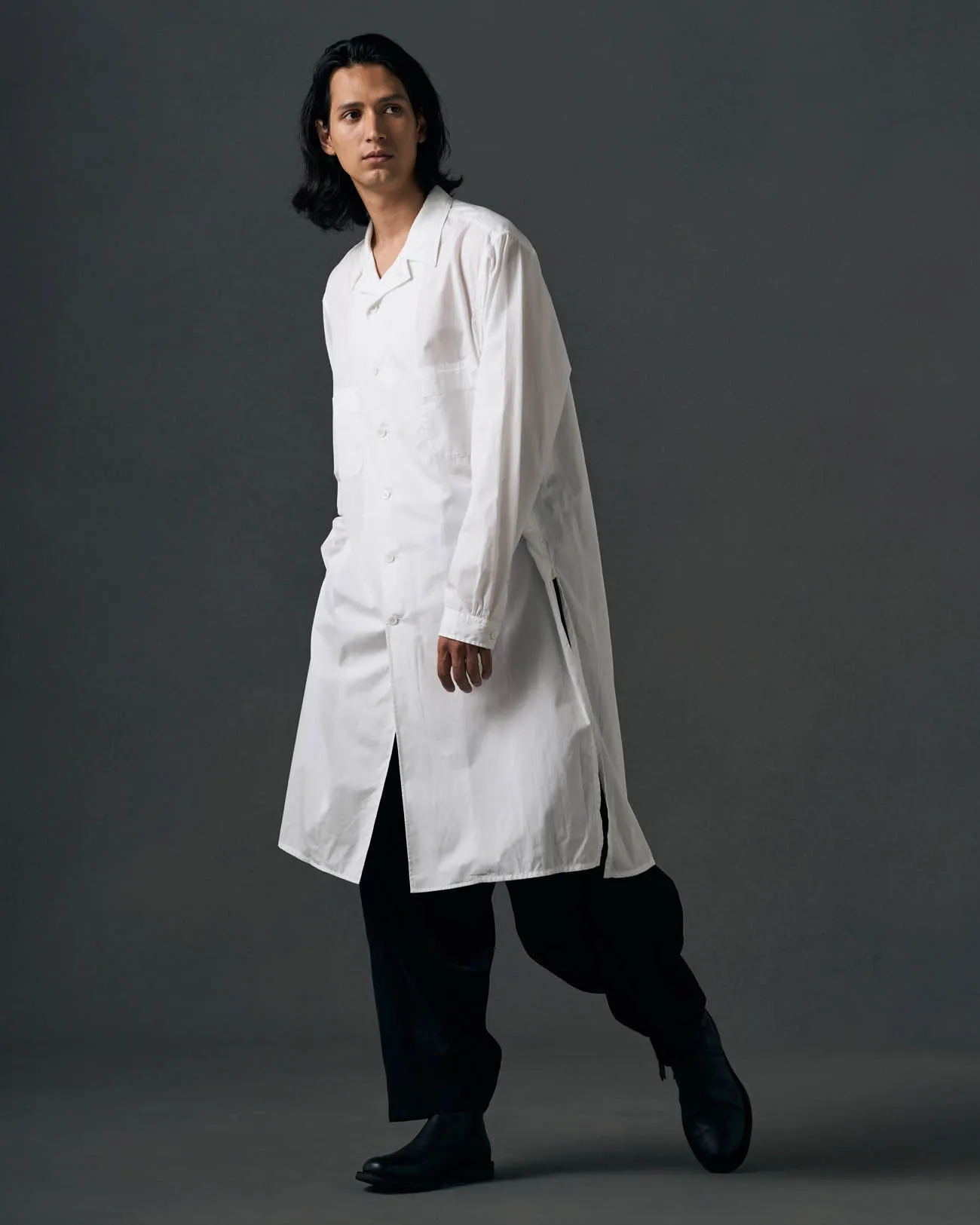 COTTON BROADCLOTH OPEN COLLAR LONG SHIRT