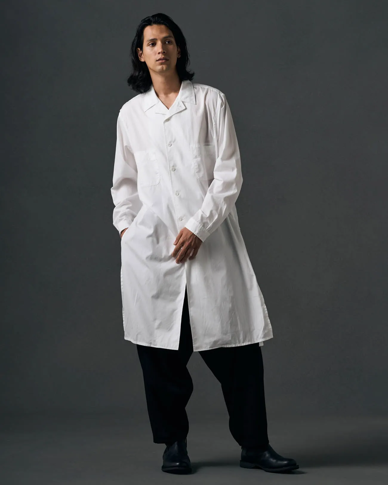 COTTON BROADCLOTH OPEN COLLAR LONG SHIRT