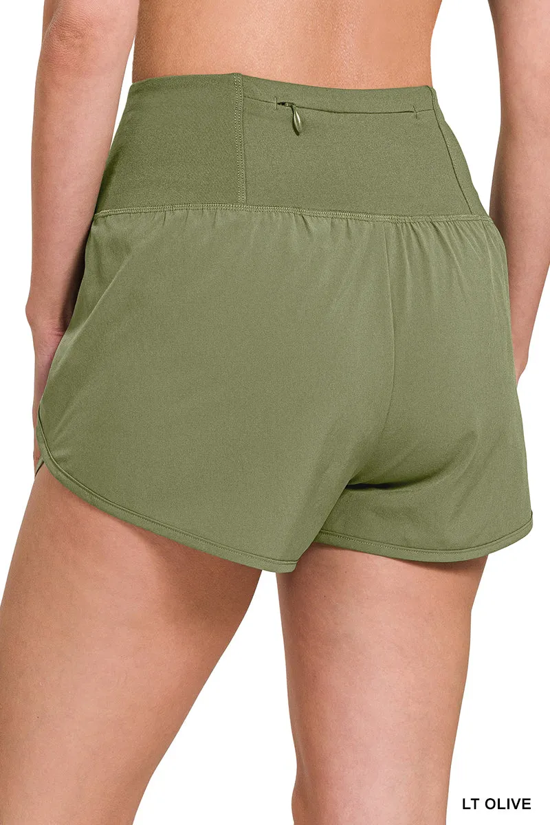 Dark Green High Waisted Zipper Back Pocket Running Shorts