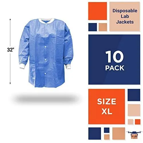 Disposable Lab Jackets 32 inch Long X Large Blue SMS Dental Lab Coats 10 Pack