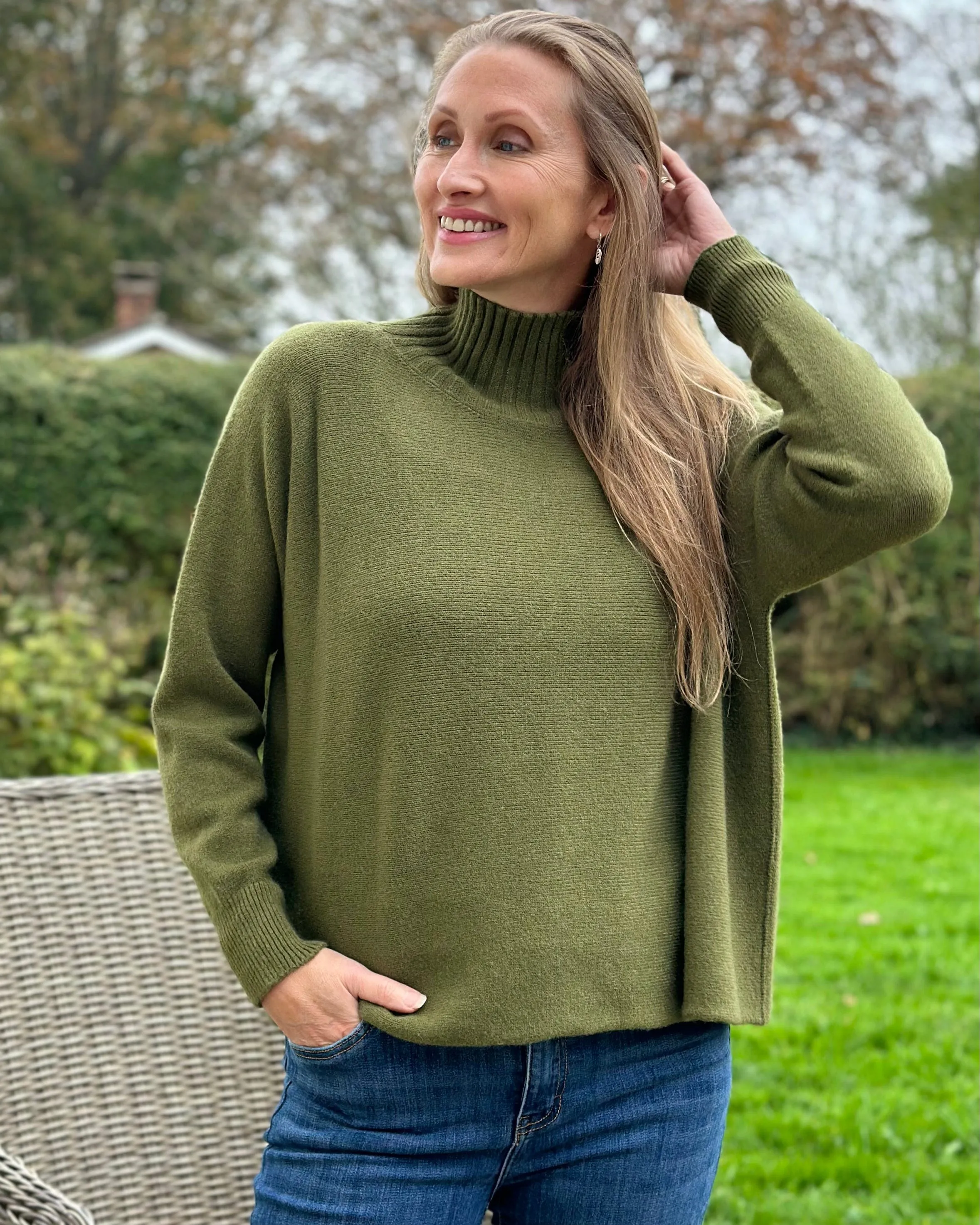 Funnel Neck Soft Knit Long Sleeve Jumper - Khaki