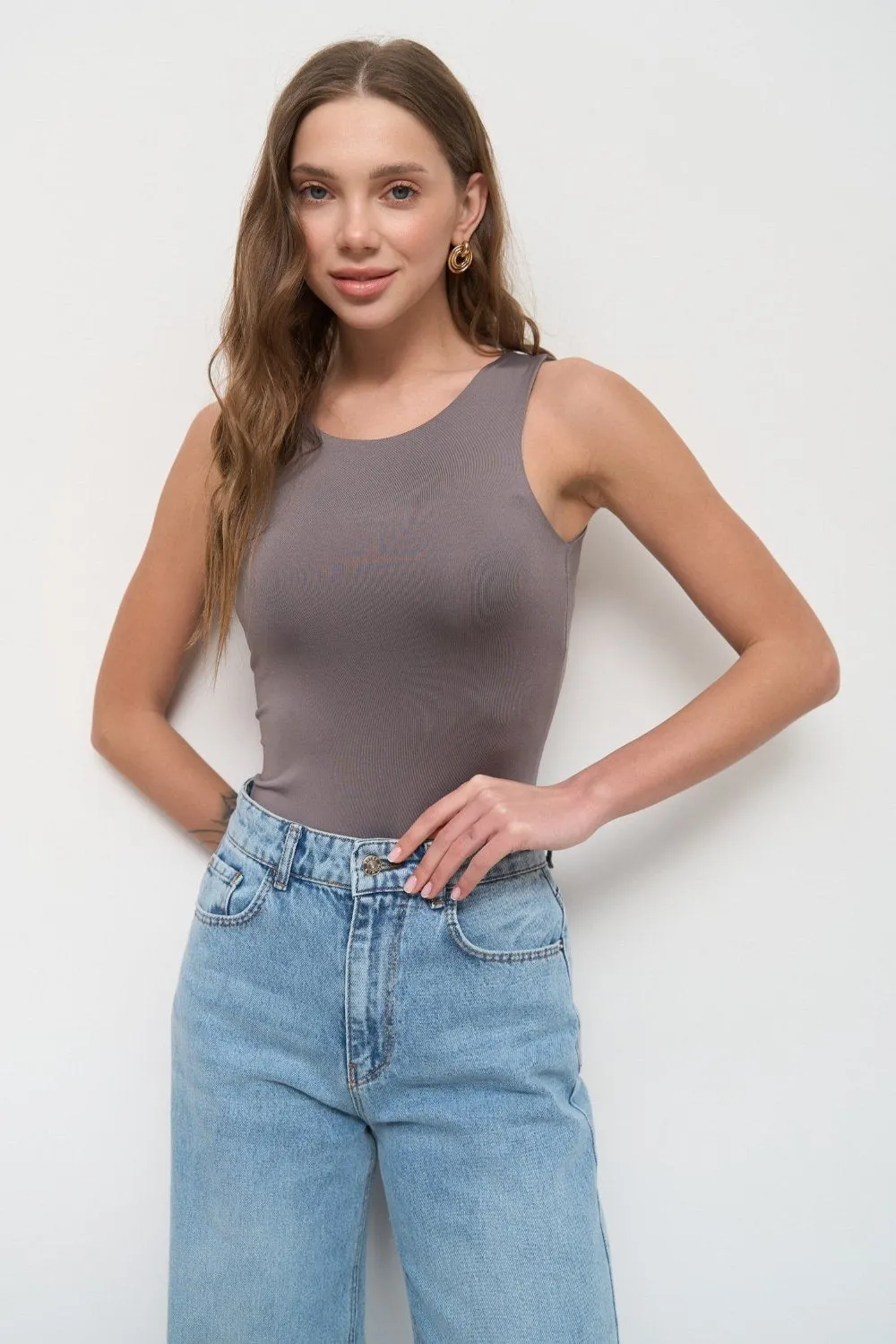 Grey Basic Sleeveless Bodysuit