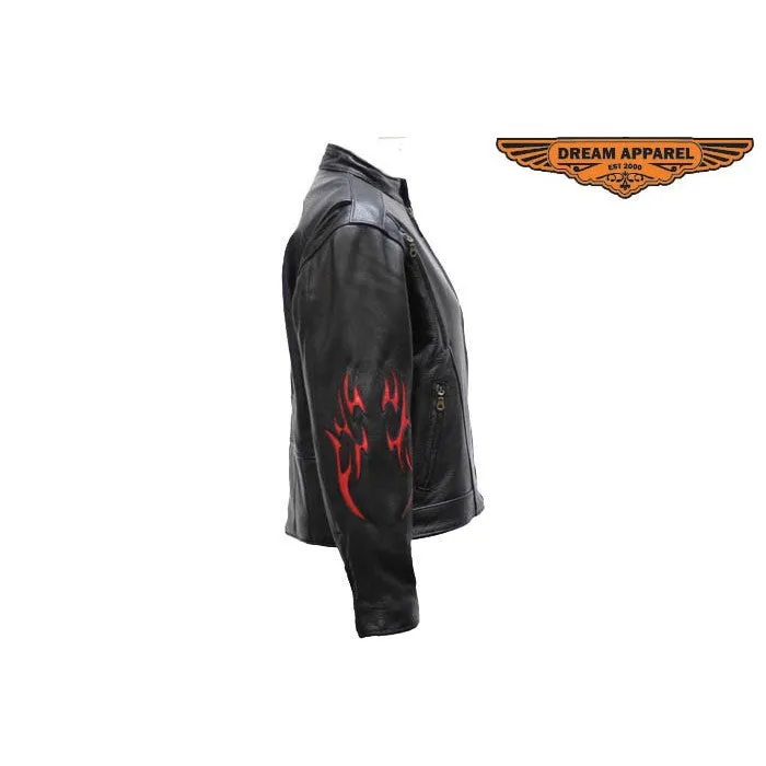 Ladies Soft Naked Leather Motorcycle Jacket Flame on Sleeves