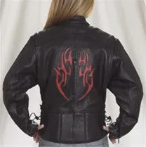 Ladies Soft Naked Leather Motorcycle Jacket Flame on Sleeves