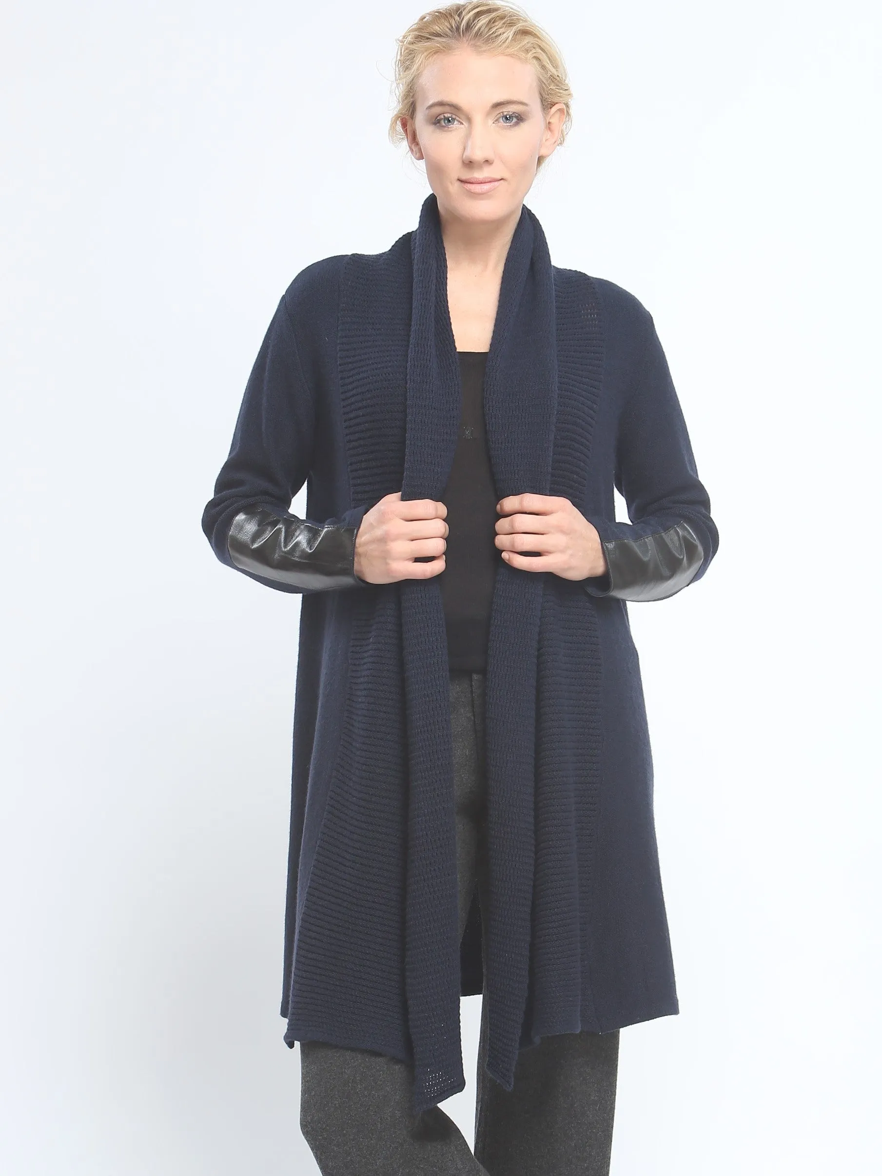 Leather Trimmed Long Wrap Coat