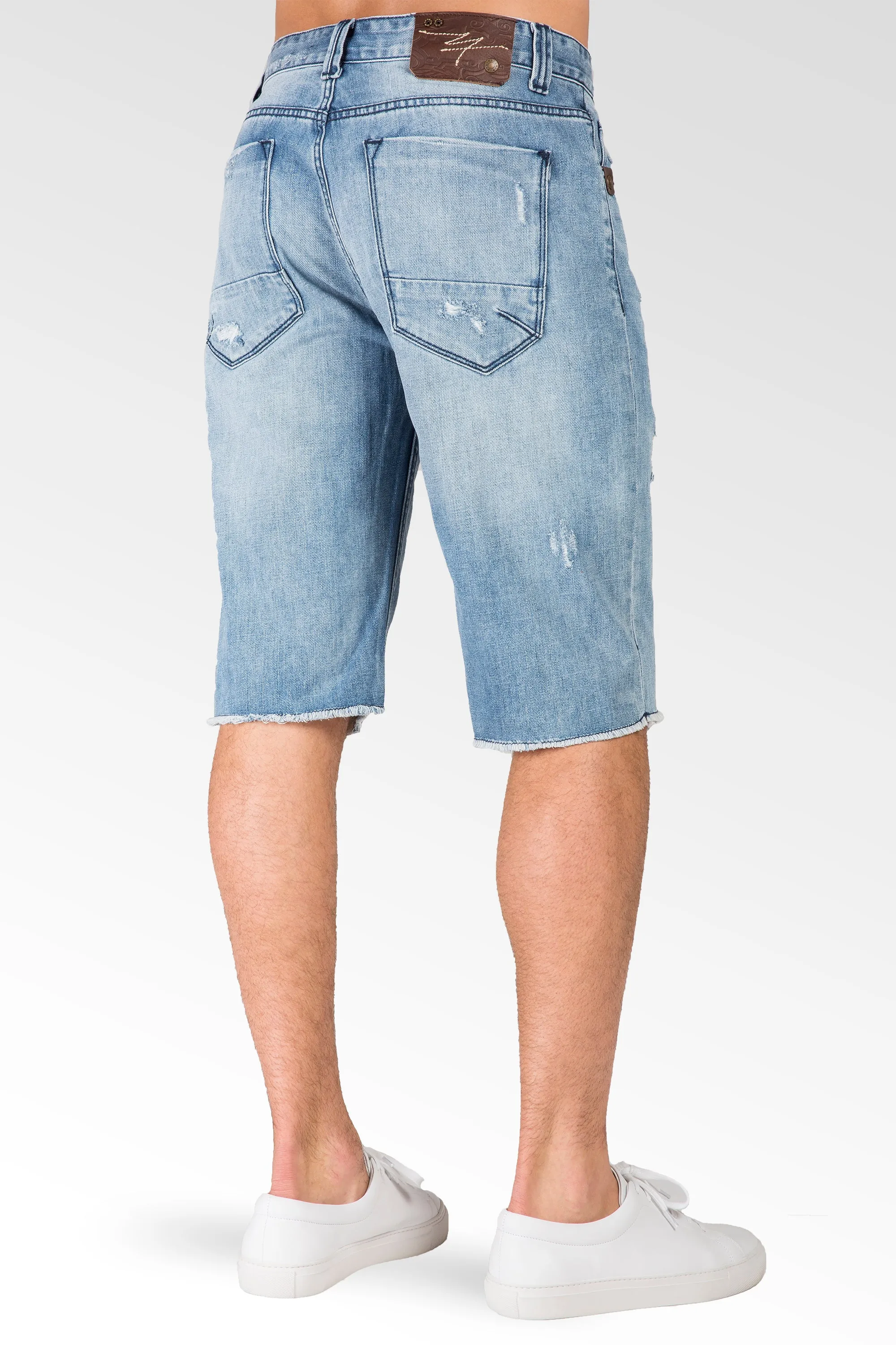 Light Sanded Blue Relaxed Premium Denim Cut Off Shorts Distressed Mended Raw Edge