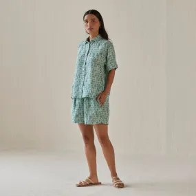 Linen Shorts For Women | Elasticated Waist | Watercolour Print | Teal