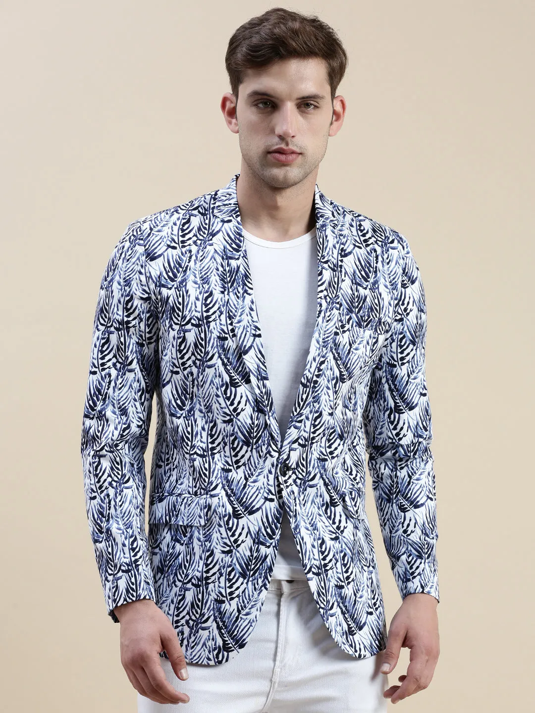 Men Blue Printed Notched Lapel Blazer