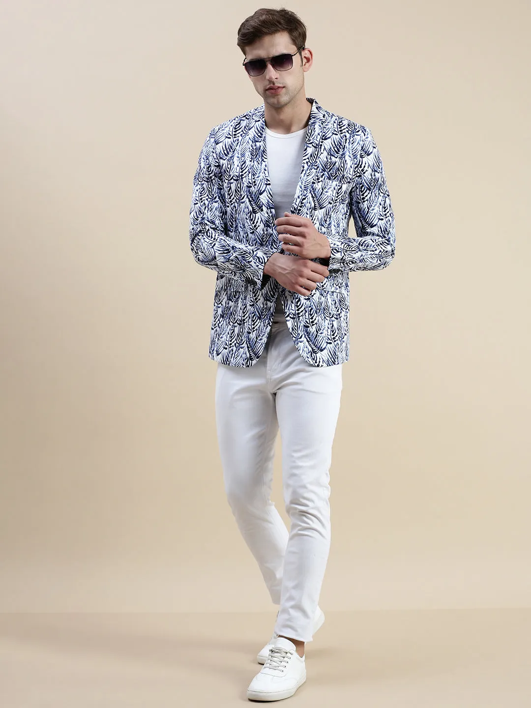 Men Blue Printed Notched Lapel Blazer