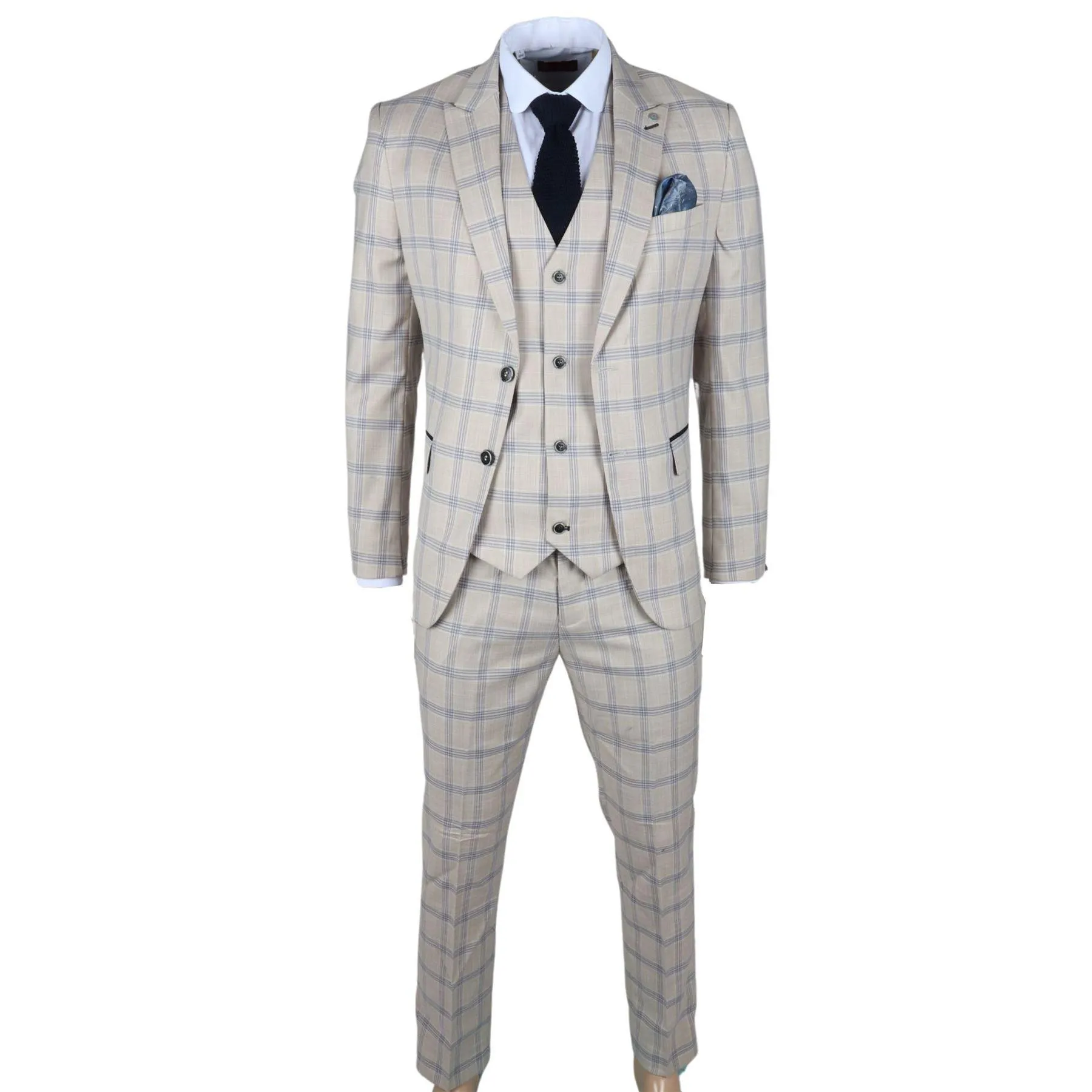 Men's Suit 3 Piece Beige Checked Classic Plaid Tailored Fit Formal Dress