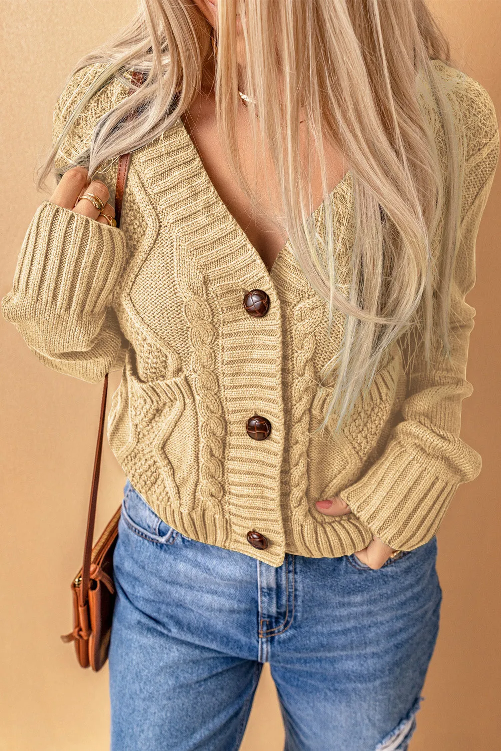 Mixed Knit Button Down Cardigan with Pockets