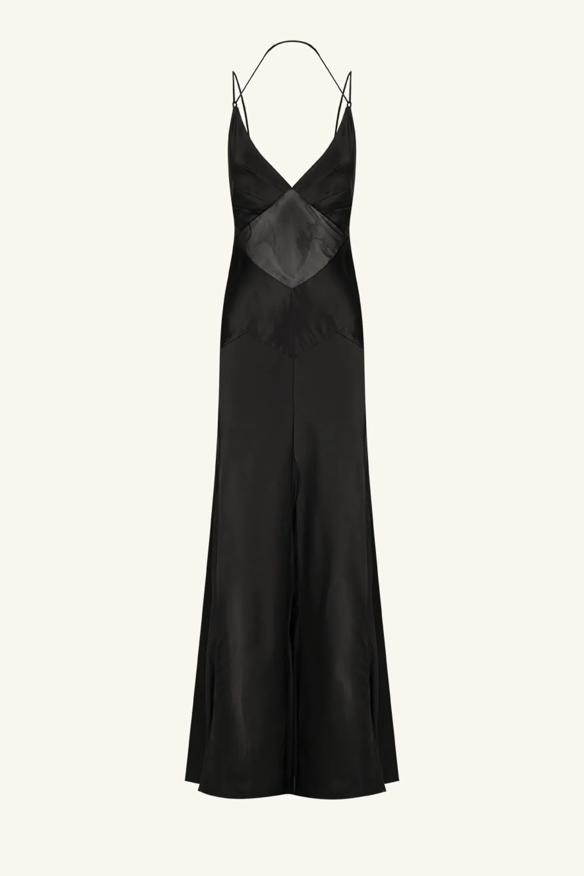 MORAYA PLUNGED GODET MAXI DRESS - BLACK