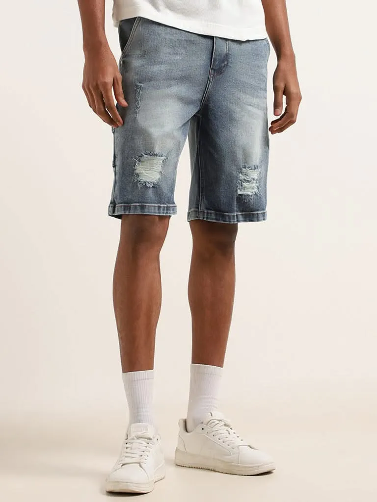 Nuon Blue Bermuda Distress Relaxed Fit Shorts