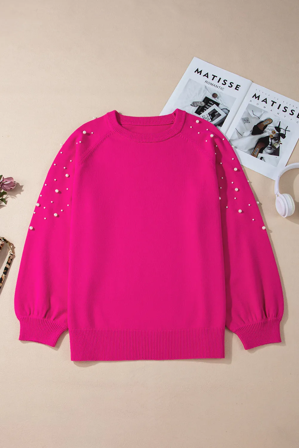 Rose Pink Pearled Raglan Sleeve Plus Size Sweater