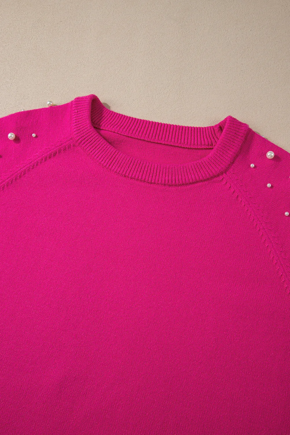 Rose Pink Pearled Raglan Sleeve Plus Size Sweater