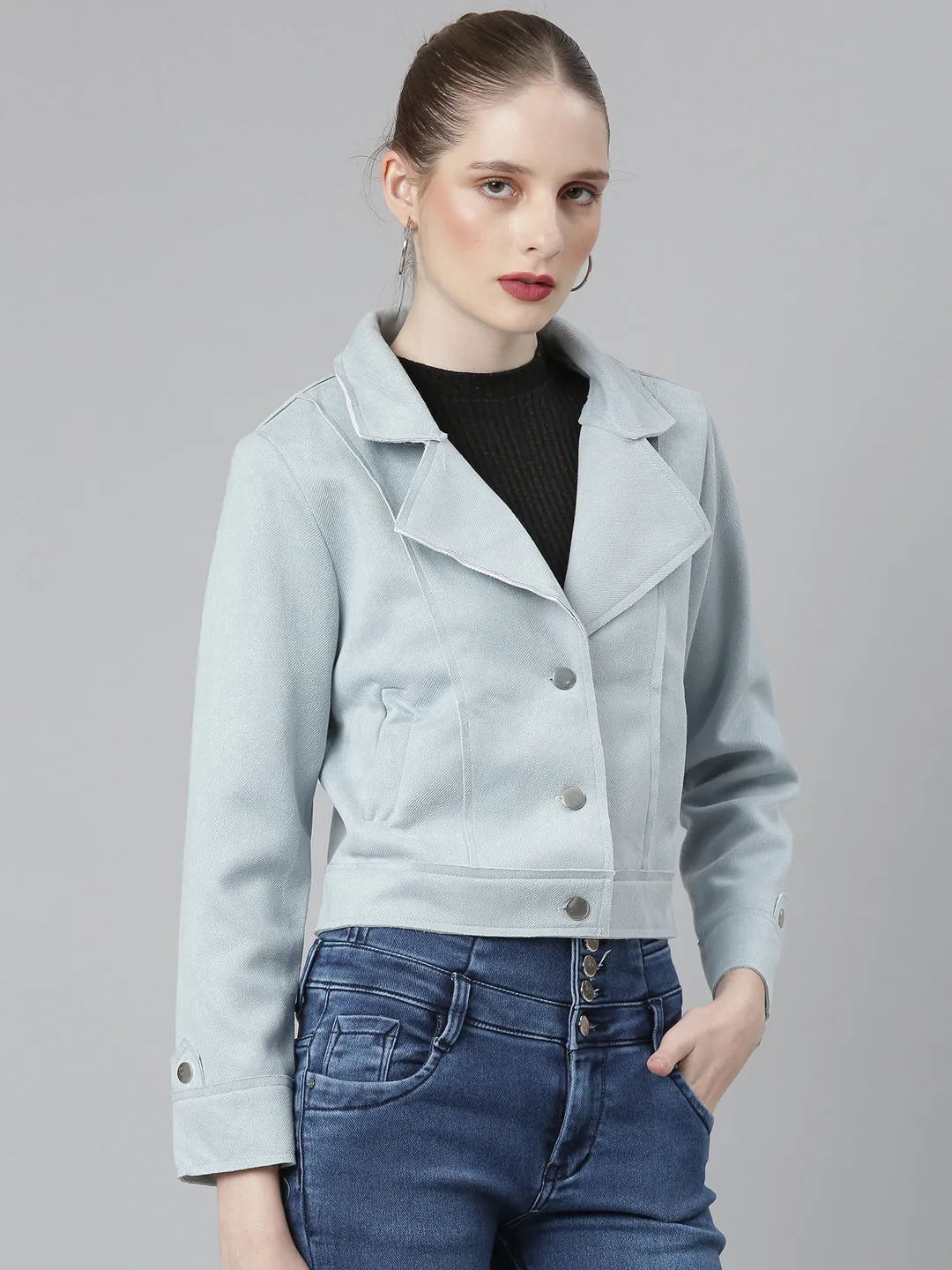 Women Blue Solid Tailored Jacket