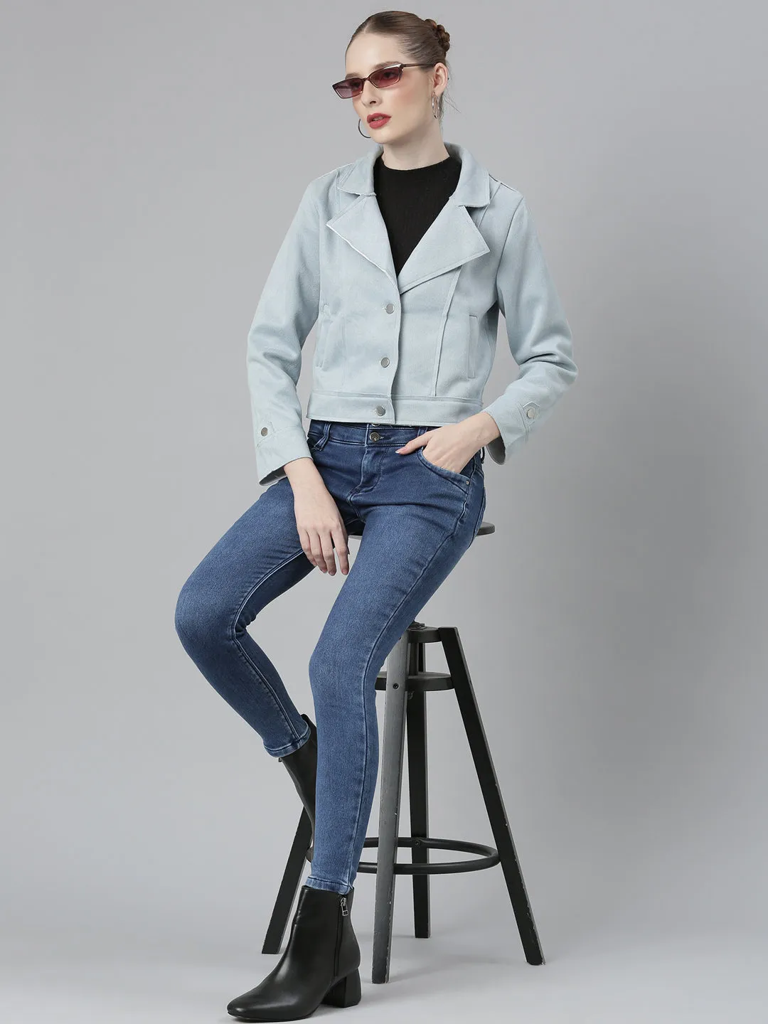 Women Blue Solid Tailored Jacket