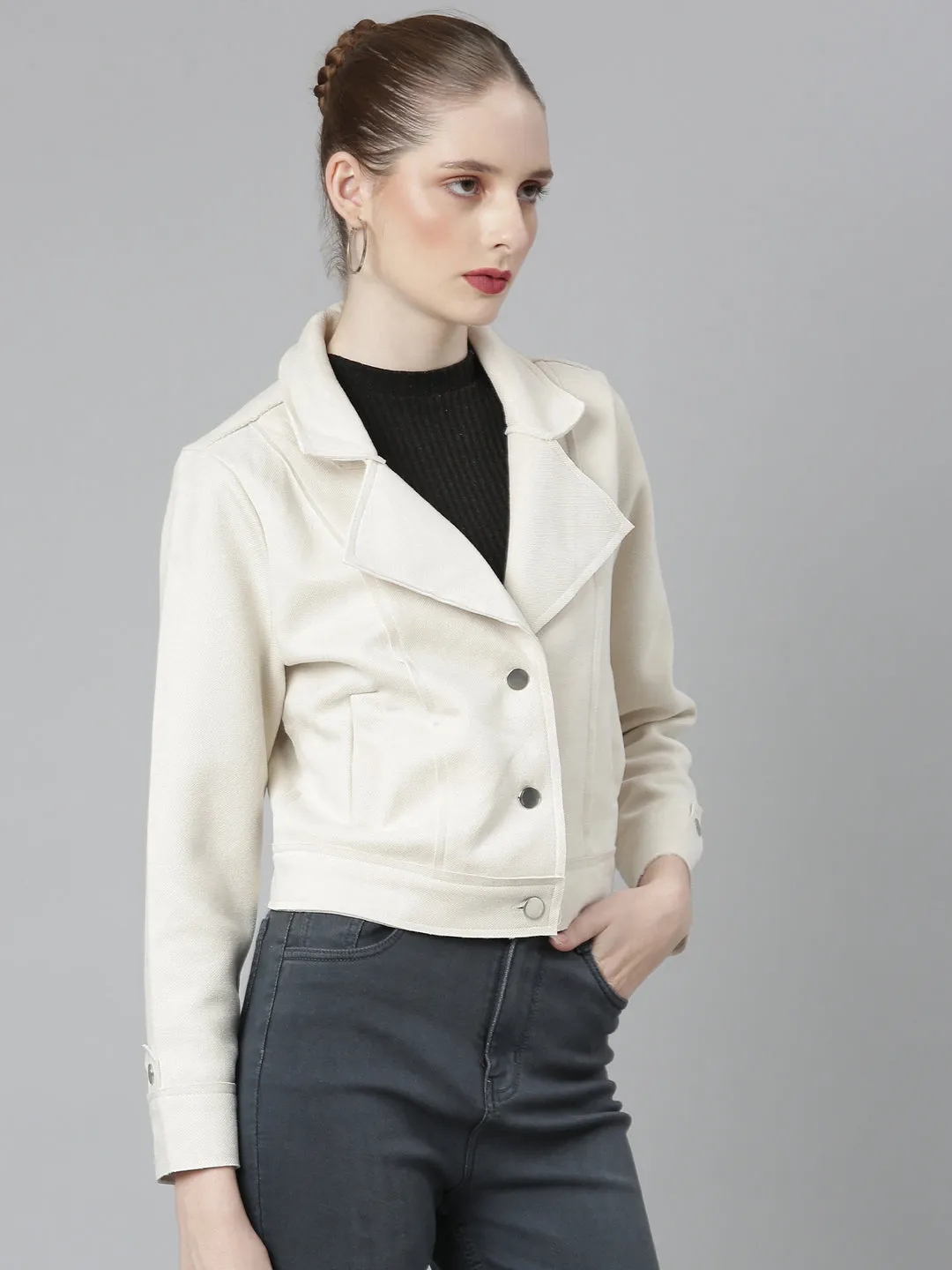 Women Cream Solid Tailored Jacket