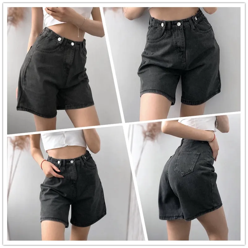 Women High Waist Button Shorts, Jeans Shorts, Casual Female Loose Denim Shorts