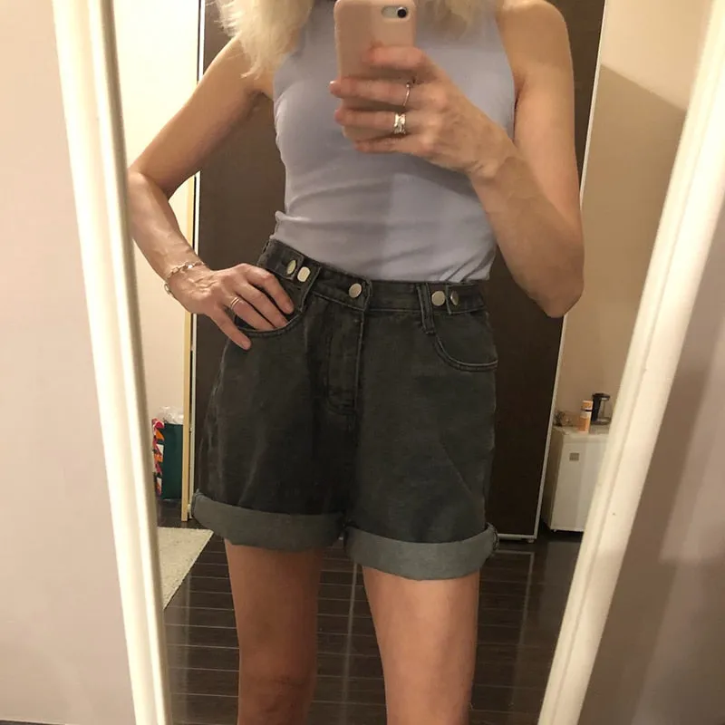 Women High Waist Button Shorts, Jeans Shorts, Casual Female Loose Denim Shorts