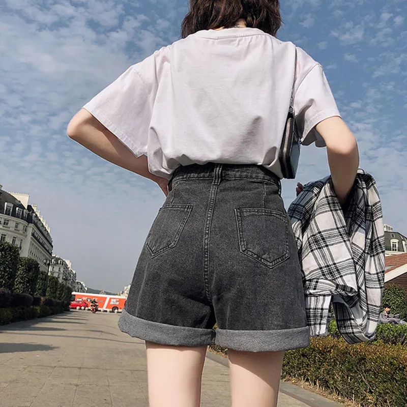 Women High Waist Button Shorts, Jeans Shorts, Casual Female Loose Denim Shorts