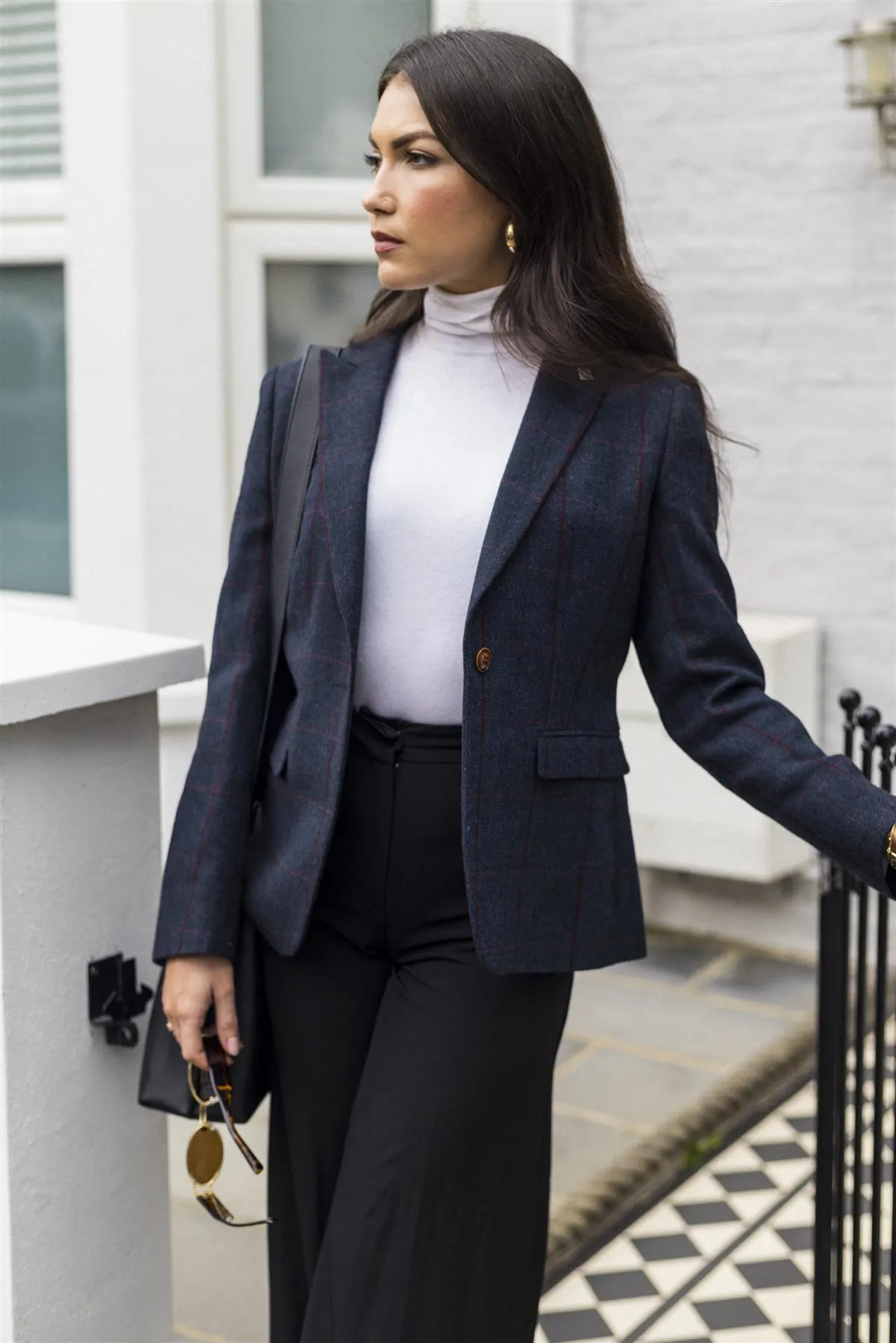 Women's Blazer Tweed Herringbone Checkered Tailored Fit Jacket